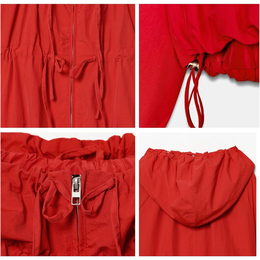 Xunger Women'S Gathered Hooded Jacket Casual Loose Fit Bow Detail Coat Drawstring Hem Long Sleeve Outerwear With Pockets