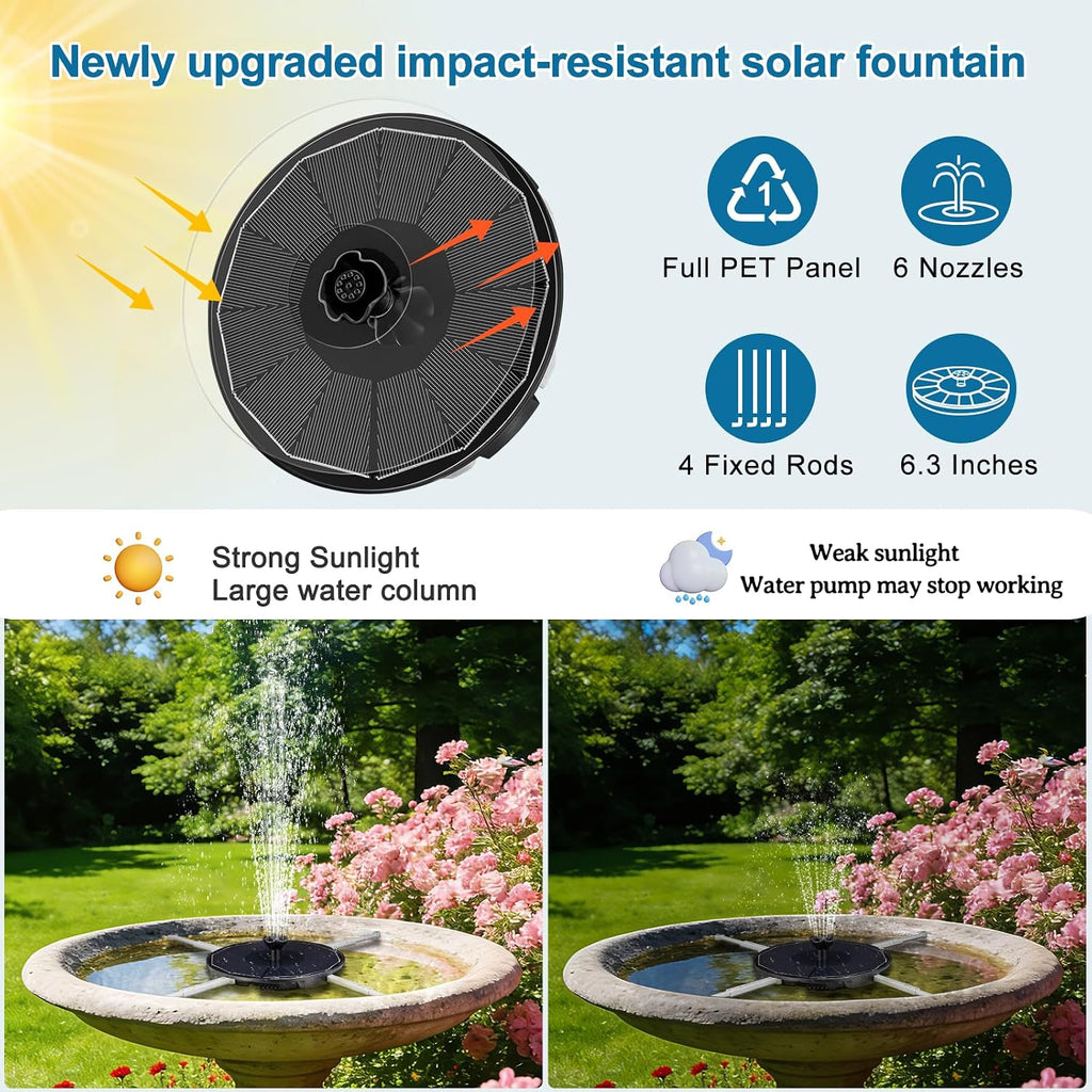 Solar Fountain Pump With 3 Spray Height Adjustment, Upgraded Pet Solar Bird Bath Fountains With 6 Nozzles, Solar Water Fountain Pump For Outdoor, Bird Bath, Garden, Pool, Pond