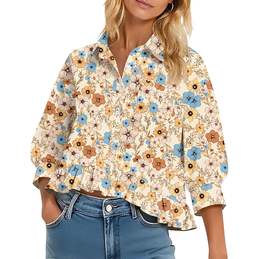 Womens 3/4 Sleeve Button Down Tops Dressy Casual Collared Shirts Blouses Ruffle Babydoll Tops Loose Fit