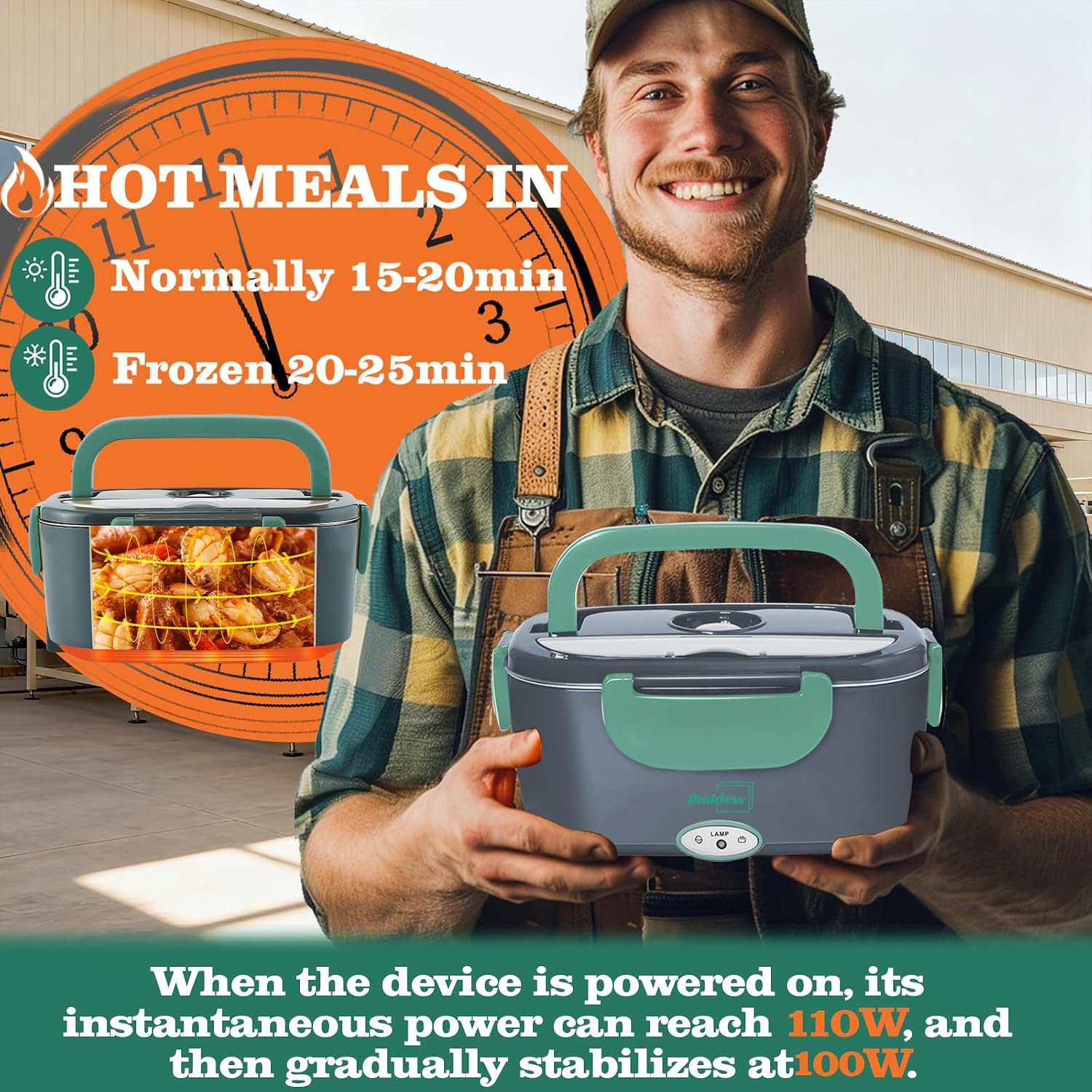 Electric Heated Lunch Box, 100W Fast Heating, 1.5L Food-Grade 304 Stainless Steel, 12V/24V/110V Portable Food Warmer For Car Truck Office Adults, Lonchera Electrica Portatil (Green)