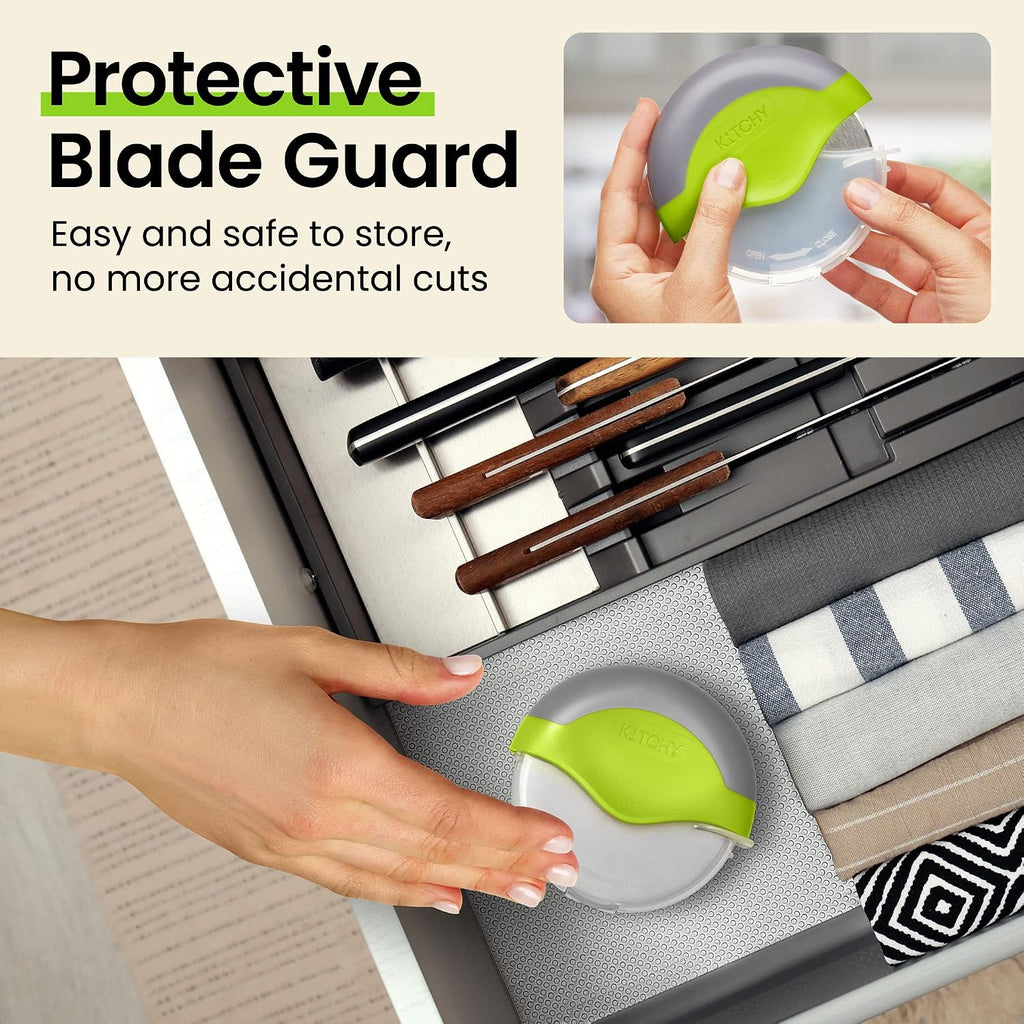 Kitchy Pizza Cutter Wheel, Heavy Duty Ergonomic Pizza Slicer With Easy Grip Non-Slip Handle And Blade Cover, Dishwasher Safe (Green)