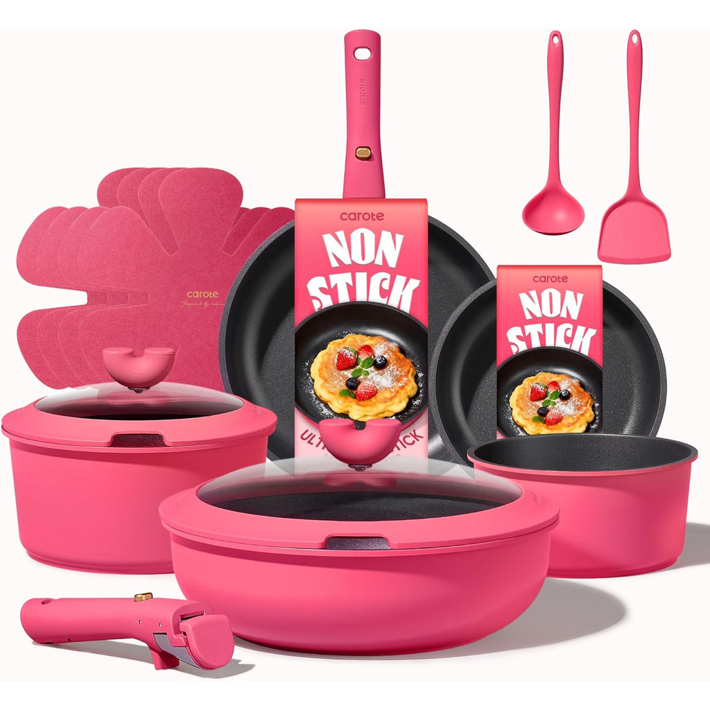 CAROTE 15pcs Pots and Pans Set Non Stick, Cookware Set Non Toxic with Detachable Handle, Induction Kitchen Cooking Set, Dishwasher/Oven Safe, RV/Camping Cookware