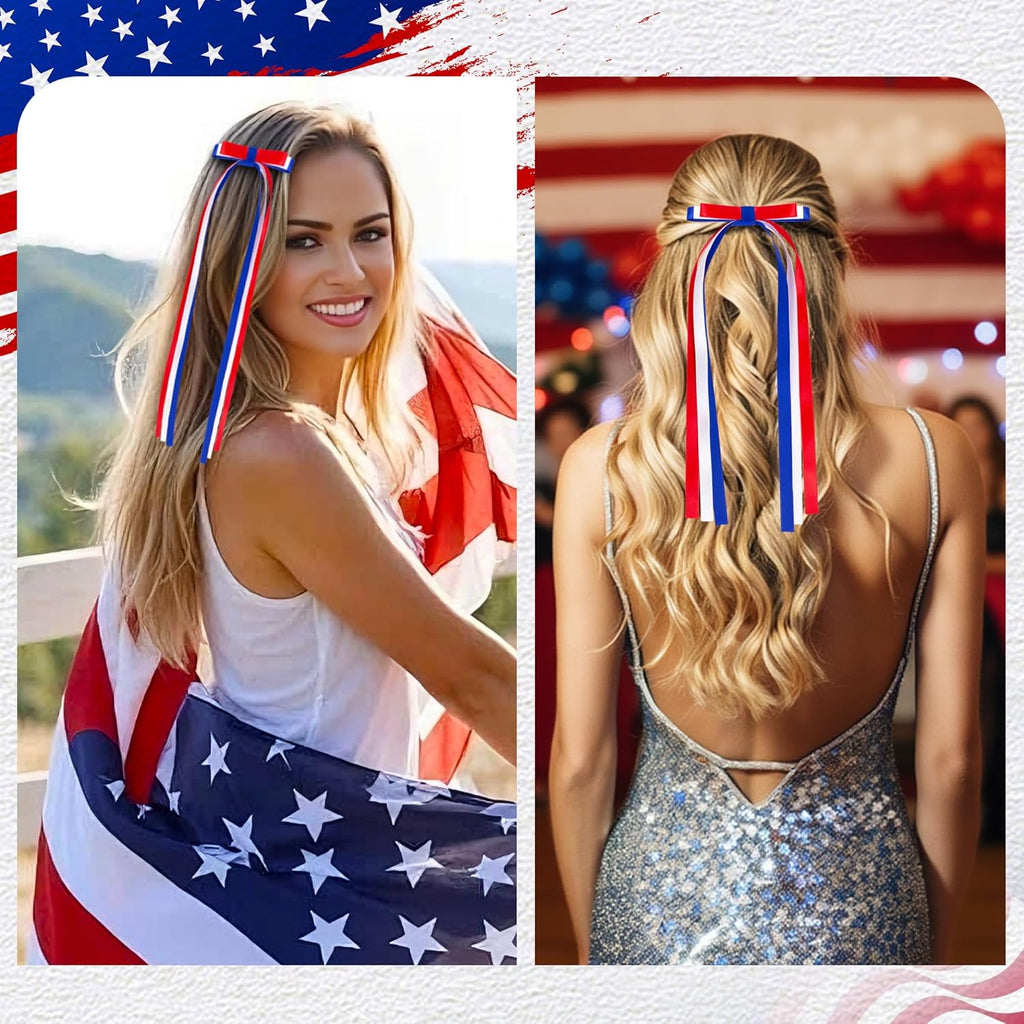4th of July Hair Bow Clips, 2 Pack Red White Blue Long Tail Ribbon Hair Bows, Patriotic Hair Accessories for 250th America Independence Day, Parade & Fireworks Party Supplies