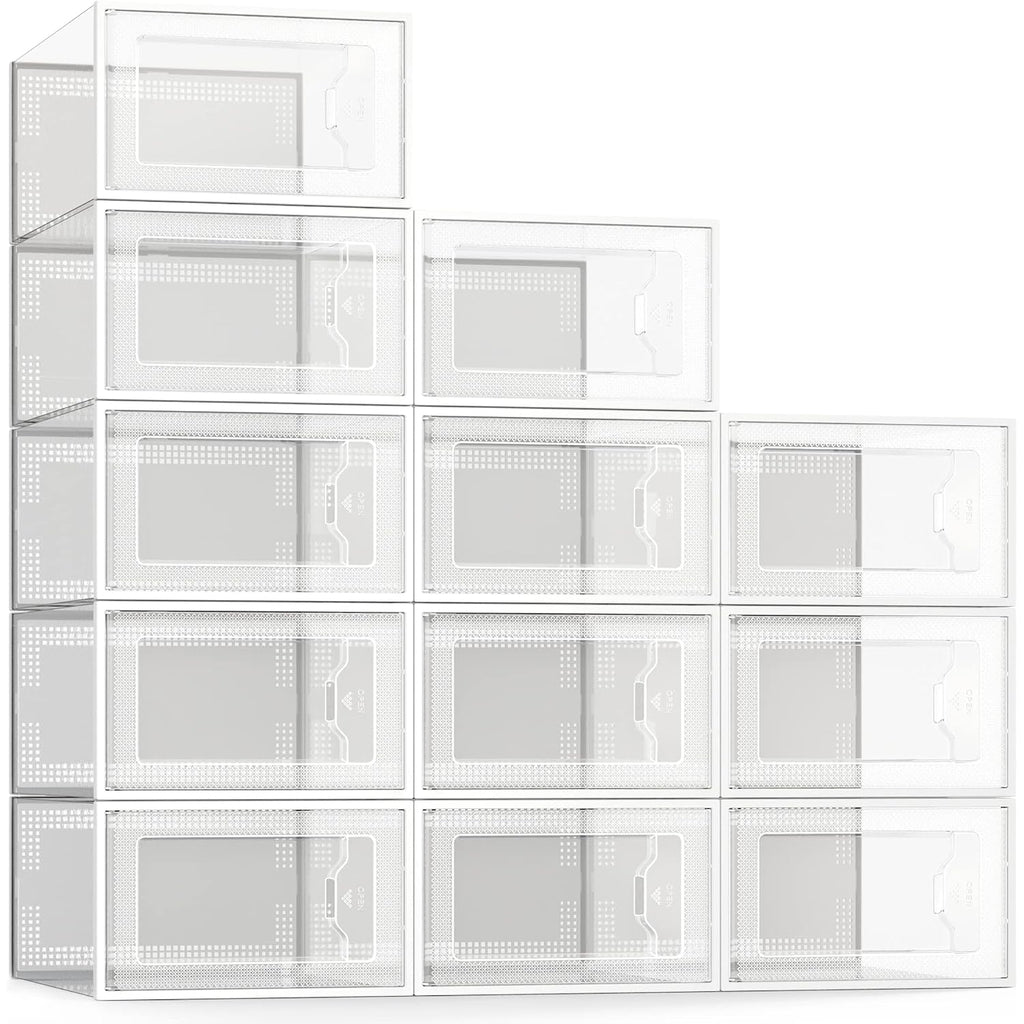 12 Pack Shoe Storage Box, Clear Plastic Stackable Shoe Organizer For Closet, Space Saving Foldable Shoe Rack Sneaker Container Bin Holder