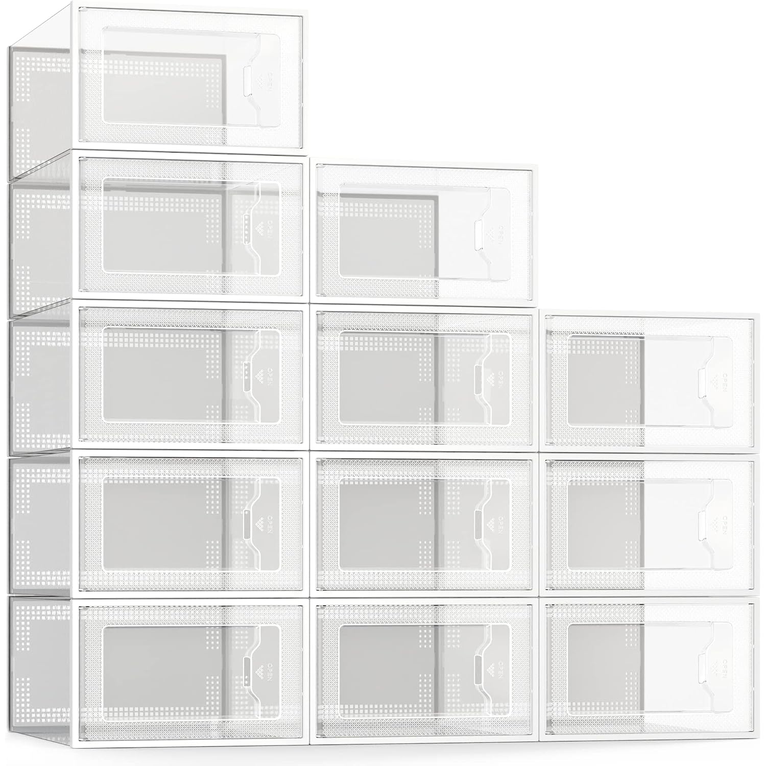 12 Pack Shoe Storage Box, Clear Plastic Stackable Shoe Organizer For Closet, Space Saving Foldable Shoe Rack Sneaker Container Bin Holder