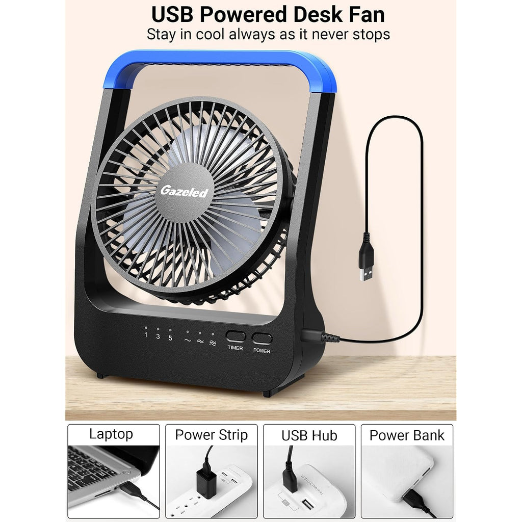 Gazeled Battery Operated Fan, Camping Fan Battery Powered, Super Long Lasting, 5'' Portable D-Cell Battery Powered Desk Fan With Timer, 3 Speeds, Quiet, 180° Rotation, For Office,Bedroom,Outdoor, F24