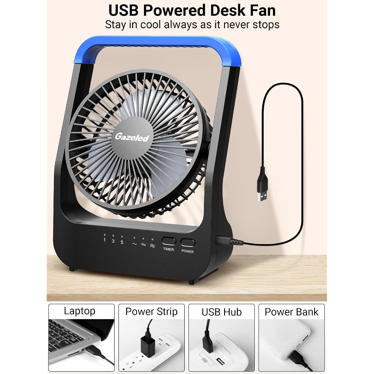 Gazeled Battery Operated Fan, Camping Fan Battery Powered, Super Long Lasting, 5'' Portable D-Cell Battery Powered Desk Fan With Timer, 3 Speeds, Quiet, 180° Rotation, For Office,Bedroom,Outdoor, F24