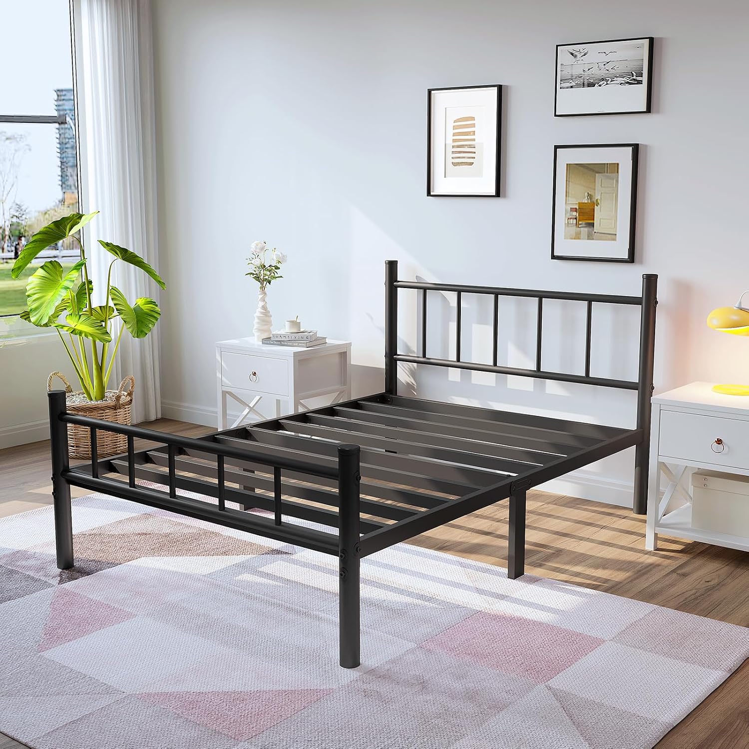 Zizin Twin Size Metal Bed Frame With Headboard & Footboard 14 Inch Metal Platform Mattress Foundation Support With Steel Slat, Under Bed Storage, No Box Spring Needed