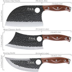 3Pcs Butcher Knife Set, 7" Butcher Meat Cleaver, 7" Serbian Chef Knife And 6.5" Viking Knife, Hand Forged Kitchen Knife Set With Plastic Handle, Geat For Home, Camping, Bbq (Unique Finger Hole Design)
