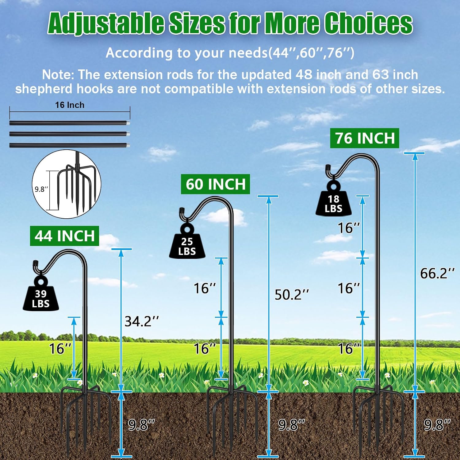 76'' Bird Feeder Pole, Heavy Duty Shepherds Hooks For Outdoor With 7-Prong Base, Adjustable Shepherds Hook For Hummingbird Feeder, Lanterns, Plants, Wedding Decor (1 Pack)