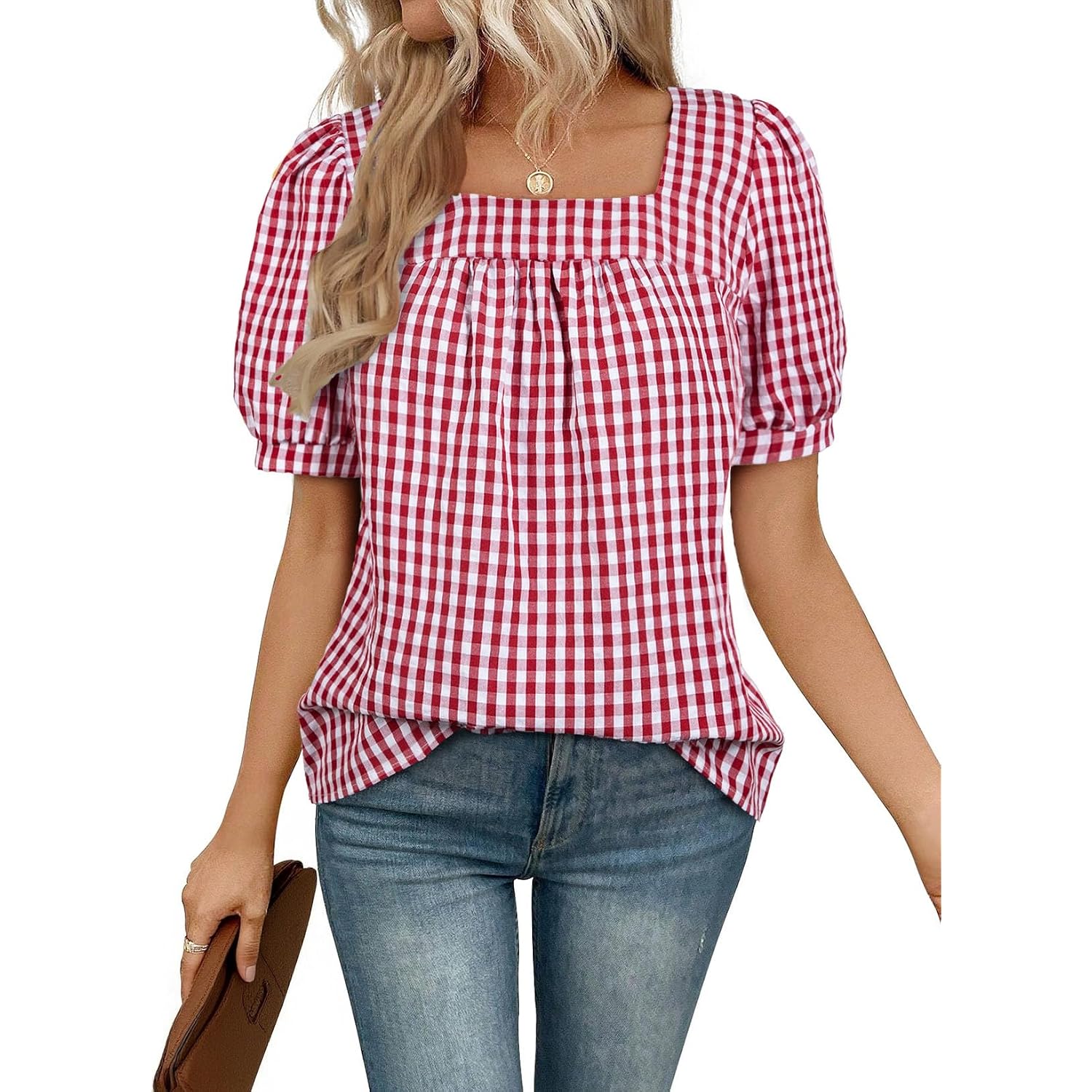 EVALESS Tops for Women Short Sleeve Tunic Blouse Square Neck Gingham Tops Cotton Blend Plaid Shirt Cute Checkered Shirt