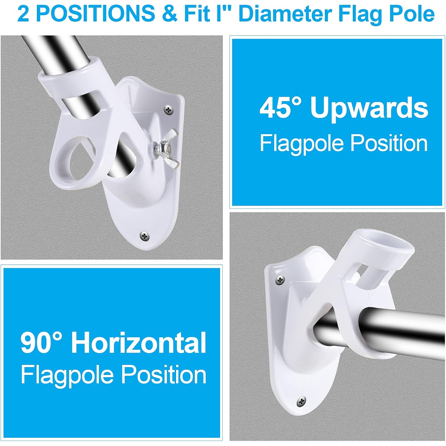 Flag Pole Holder Brackets, Bonwin 1" Flag Pole Mounting Bracket With Hardwares For House Wall Mount, 1" Inner Diameter, Two Positions & Aluminium Alloy, Rust Free Coated (White - 1 Pack)