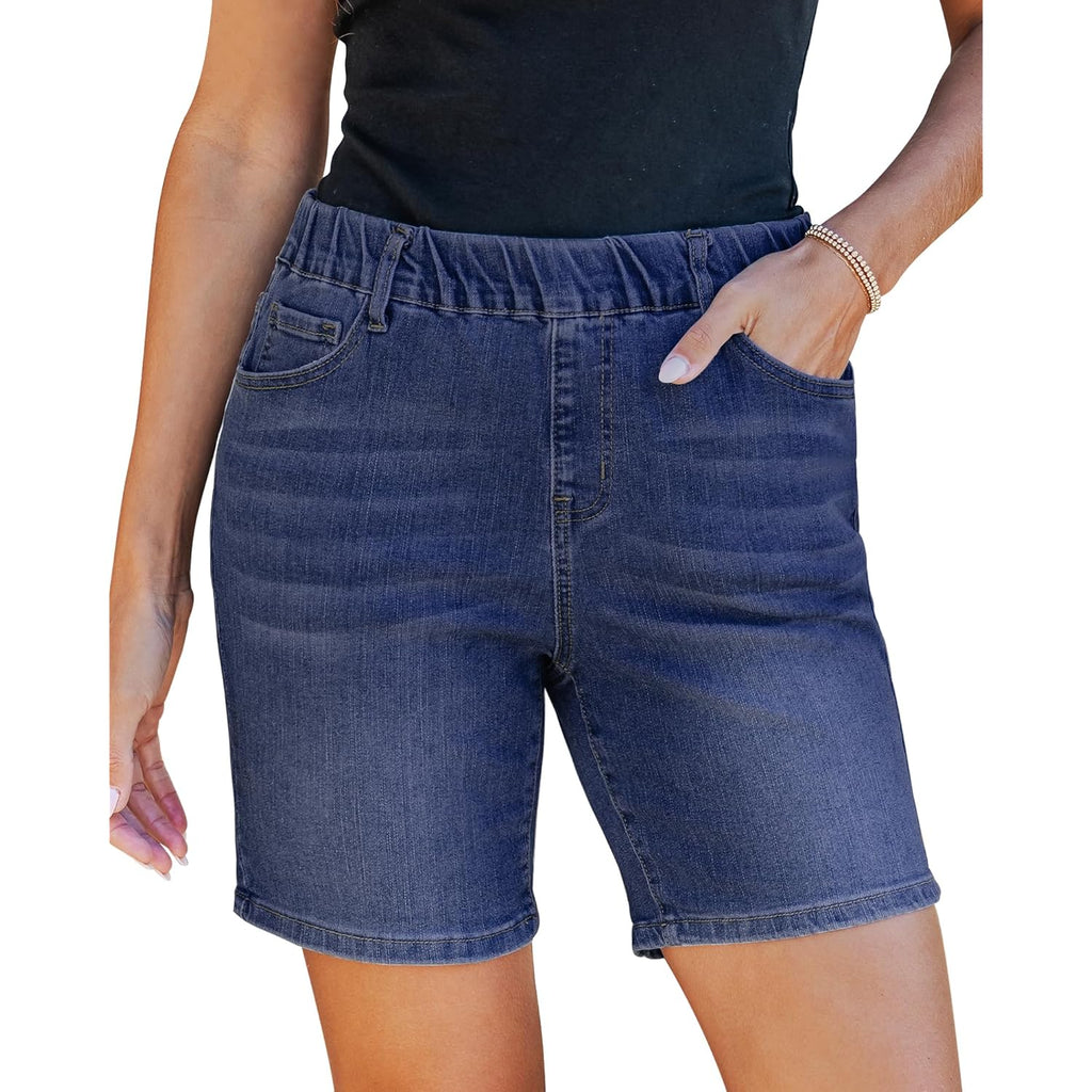 Jean Shorts for Women Mid Rise Pull On Elastic Waist Trendy Summer Jorts 7 Inch Inseam Stretchy Long Denim Shorts