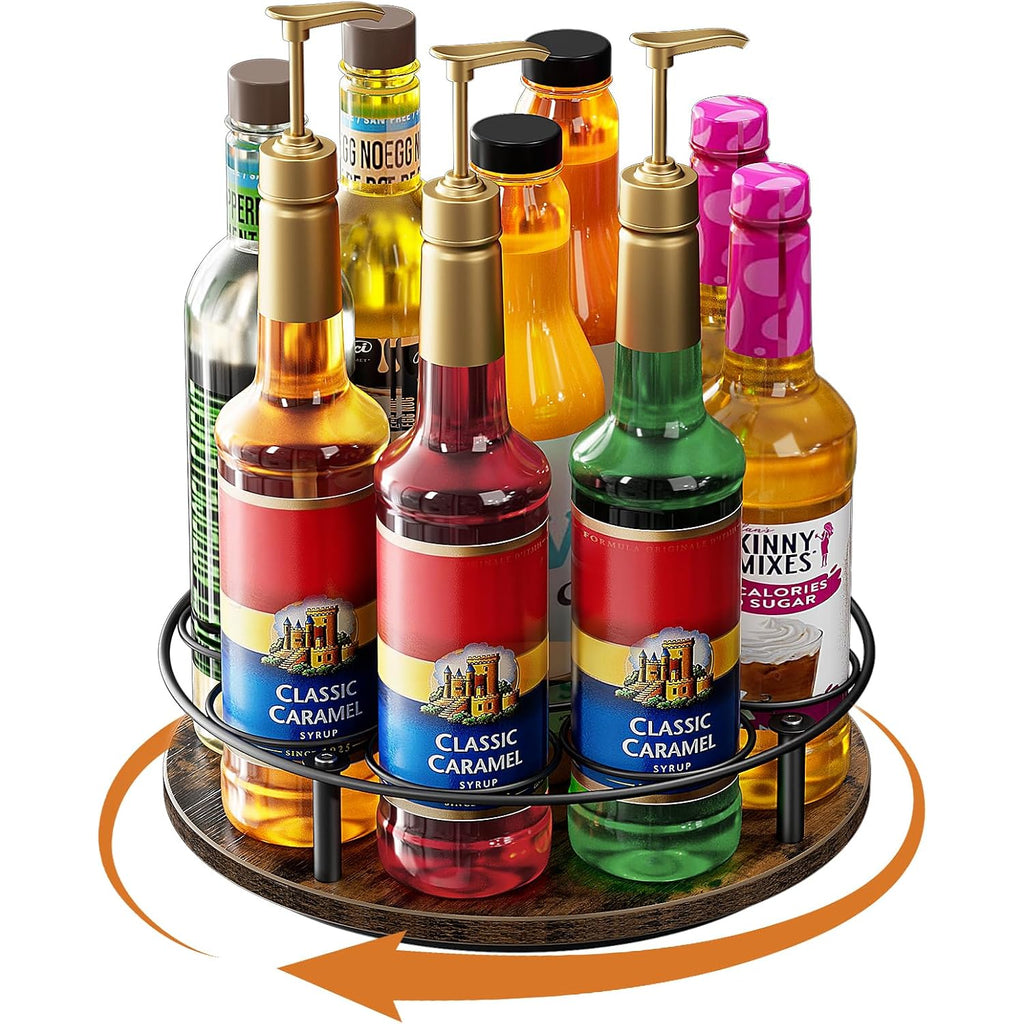 Nuovoware 9 Bottles Rotating Coffee Syrup Rack, Brown+Black | Carbon Steel Frame, Wooden Base Bottle Holder, For Coffee Flavored Syrups Table Top Thermos Liquor