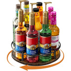 Nuovoware 9 Bottles Rotating Coffee Syrup Rack, Brown+Black | Carbon Steel Frame, Wooden Base Bottle Holder, For Coffee Flavored Syrups Table Top Thermos Liquor