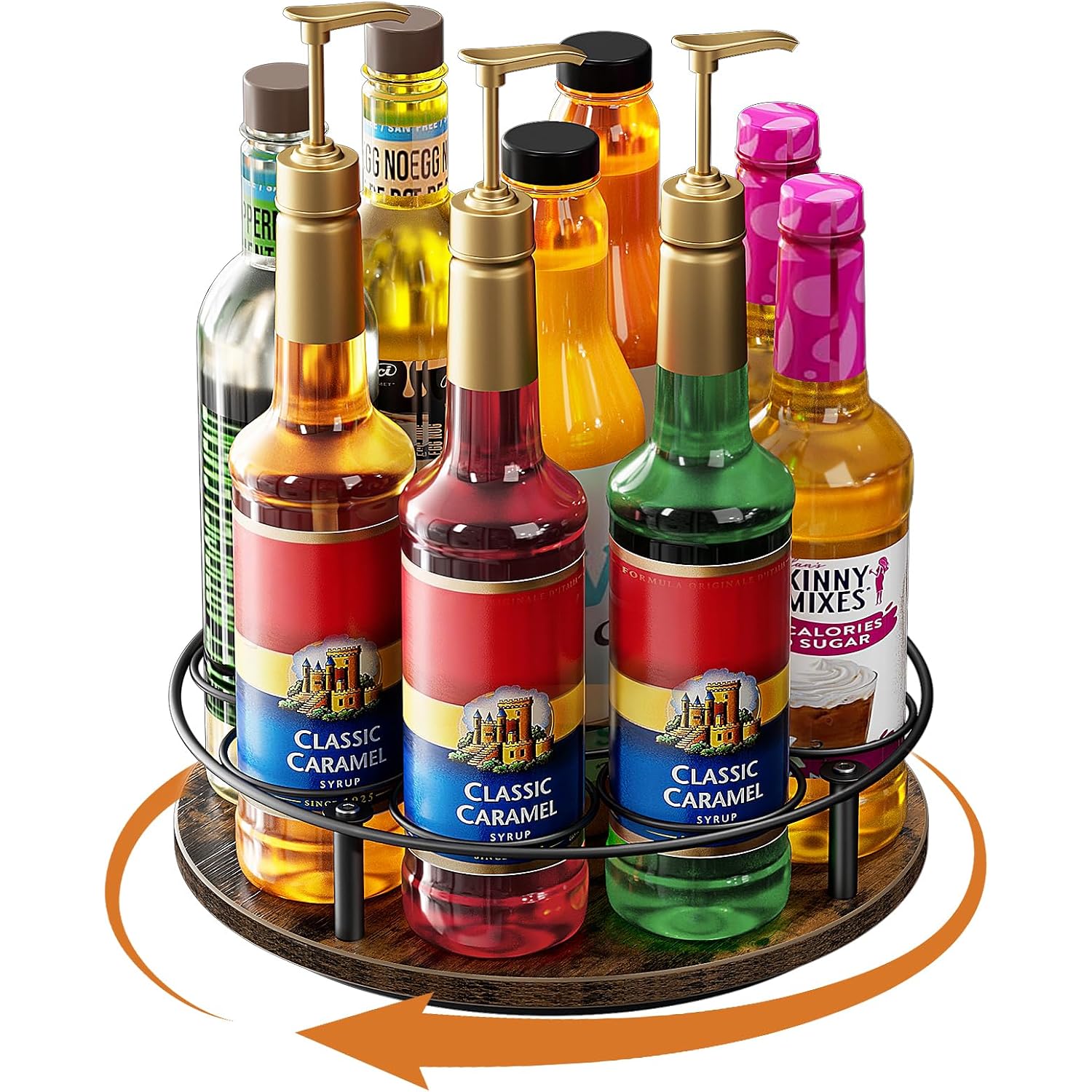 Nuovoware 9 Bottles Rotating Coffee Syrup Rack, Brown+Black | Carbon Steel Frame, Wooden Base Bottle Holder, For Coffee Flavored Syrups Table Top Thermos Liquor