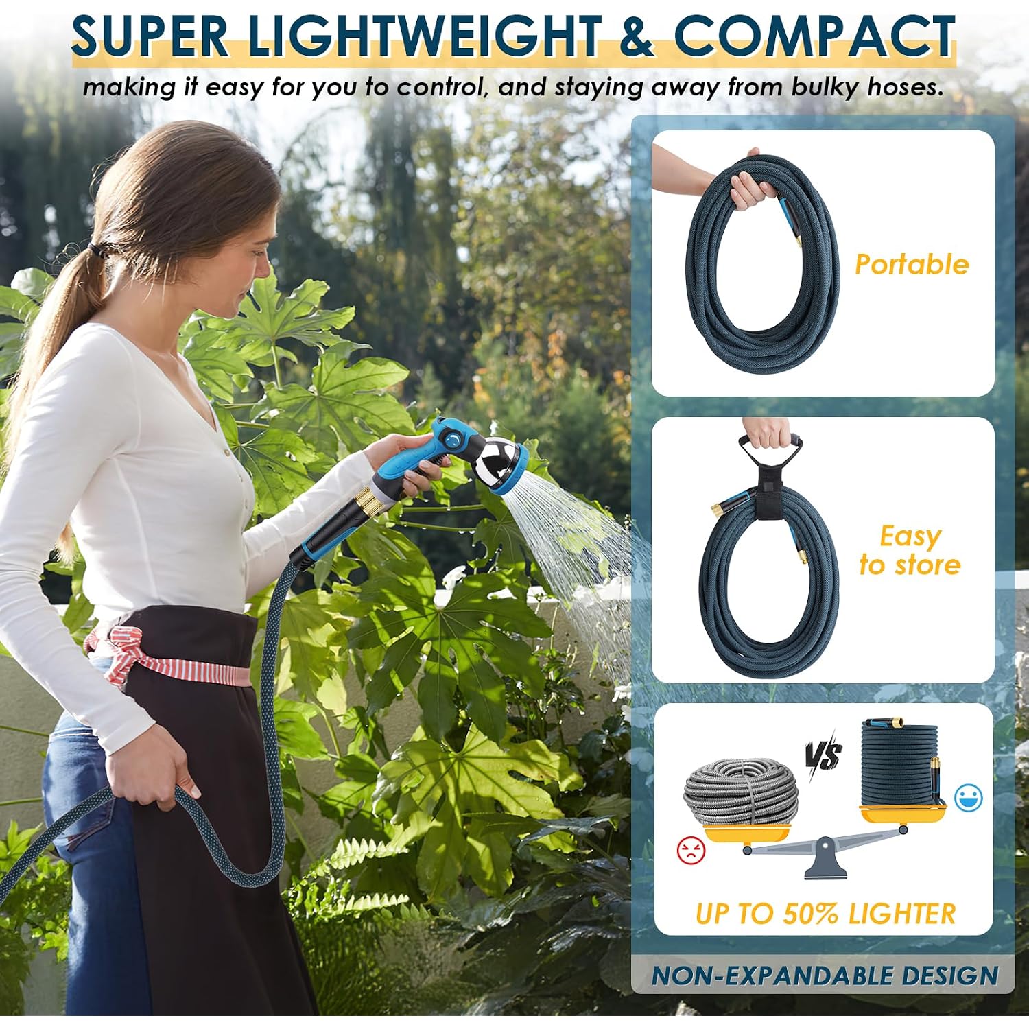 Non-Expandable Garden Hose 100 Ft, Lightweight Hose With 10 Function Spray Nozzle, Kink-Free Flexible Water Hose, Durable, Leak-Proof, 360° Swivel Connectors, Portable Storage Strap