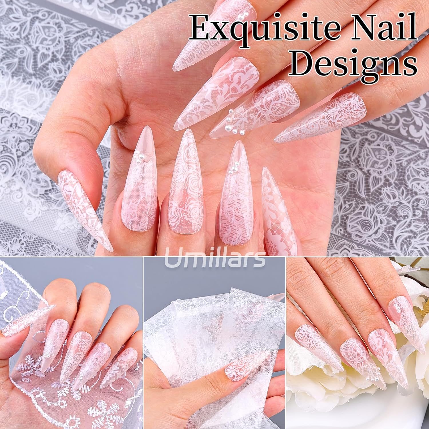 White Lace Nail Foil Transfer Stickers, 10 Rolls Nail Lace Flowers Stickers Design Holographic Nail Foils Transfer Paper Nail Art Decals for Women DIY Acrylic Nails Manicure Wraps Salon Decoration