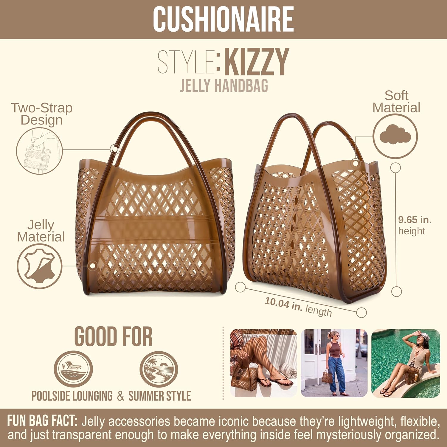 Cushionaire Kizzy Clear Jelly Tote Bags For Women, Lightweight Waterproof Beach Purse With Open Top And Lattice Cutout