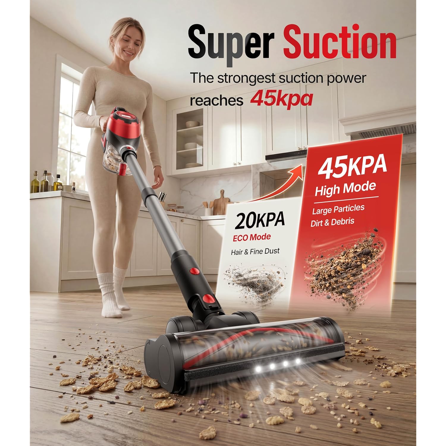 Cordless Vacuum Cleaner For Home, Stick Vacuum 45Kpa, Smart Display & 1.5L Dust Cup, Max 40Mins Runtime, Rechargeable Lightweight Handheld Vavuum For Pet Hair/Carpet/Hardwood Floor/Car (Crimson)