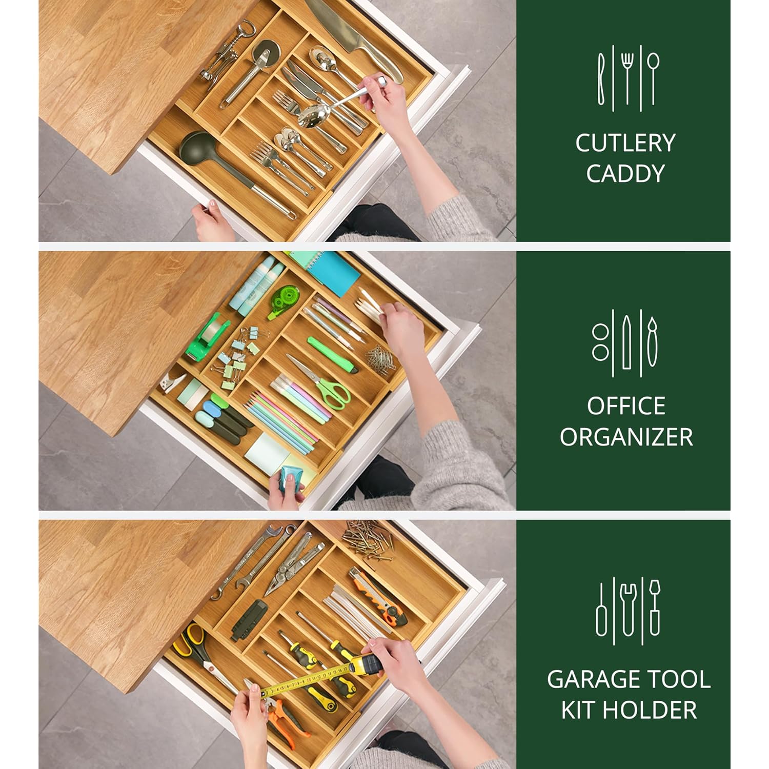 ROYAL CRAFT WOOD Luxury Bamboo Kitchen Drawer Organizer - Silverware Organizer, Utensil Holder & Cutlery Tray Drawer Dividers for Flatware (9 Slot, Natural)