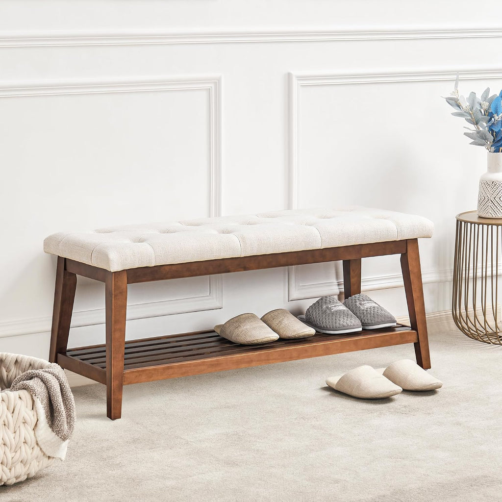 Upholstered Bench For Bedroom End Of Bed,42.5-Inch Entryway Bench For Living Room,Dining Bench With Padded Seat And Solid Wood Leg For Kitchen Bedroom,Indoor And Hallway (Shoe Bench, Beige)