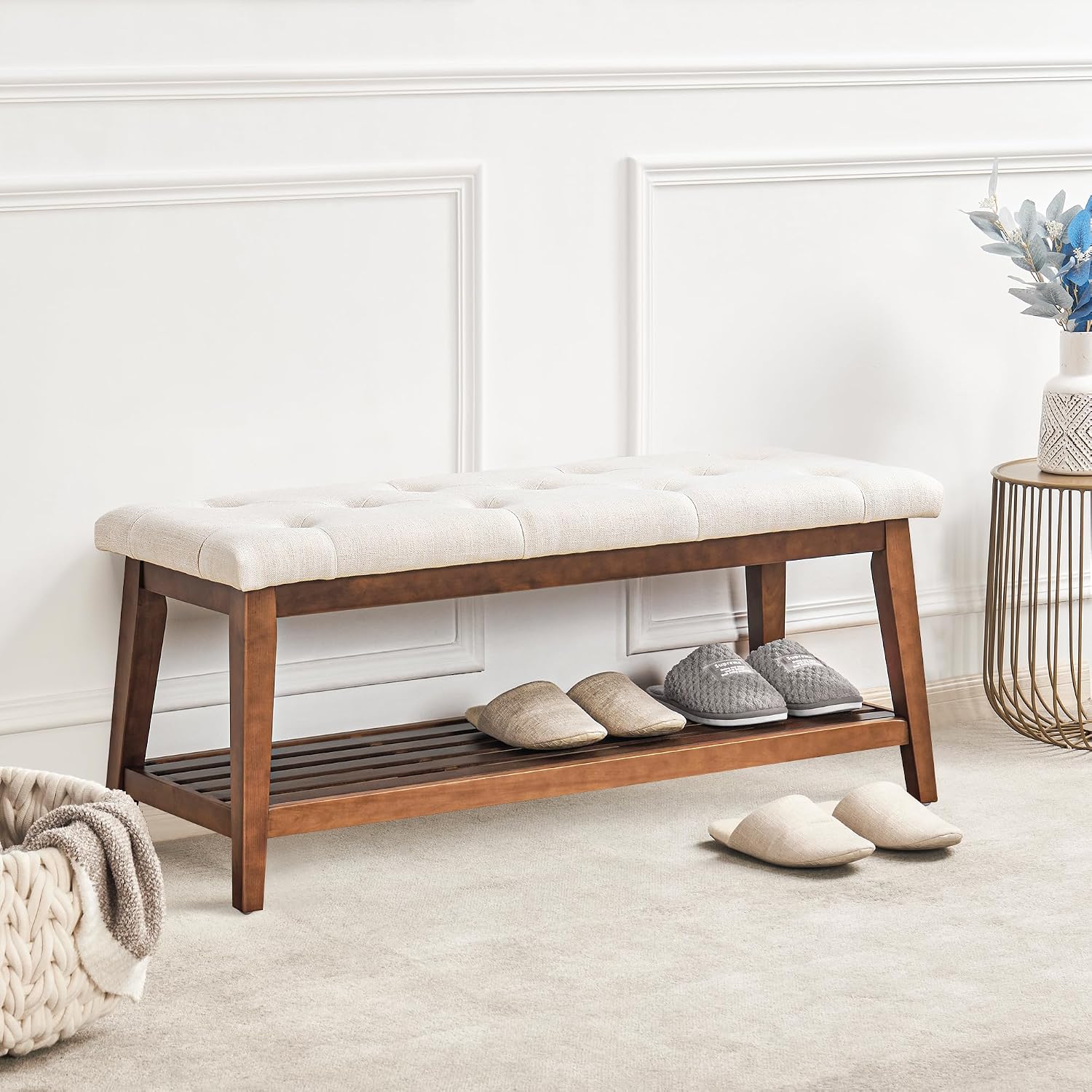 Upholstered Bench For Bedroom End Of Bed,42.5-Inch Entryway Bench For Living Room,Dining Bench With Padded Seat And Solid Wood Leg For Kitchen Bedroom,Indoor And Hallway (Shoe Bench, Beige)