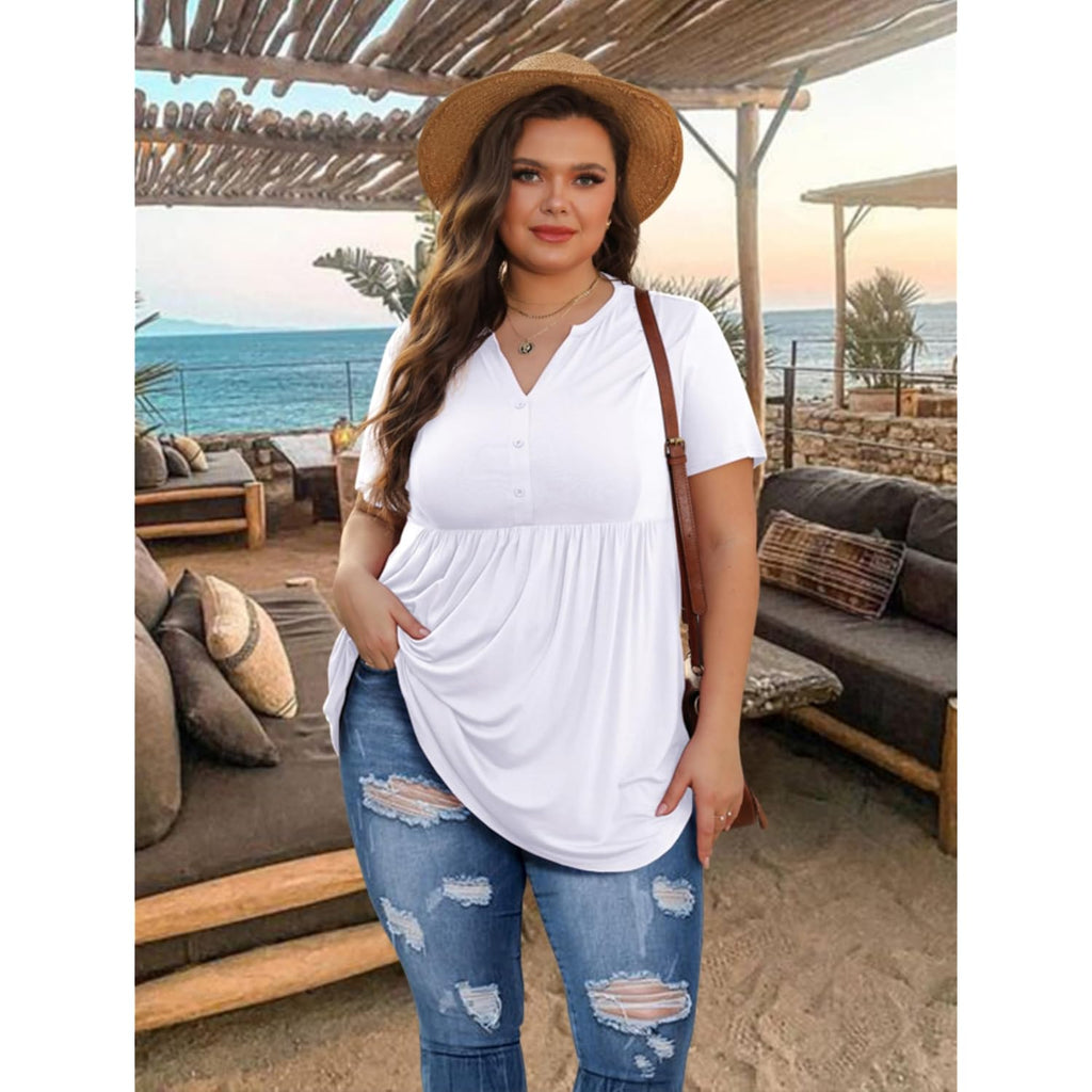 Women's Plus Size White Tunic Tops V Neck Short Sleeve Loose Fit Flowy for Leggings
