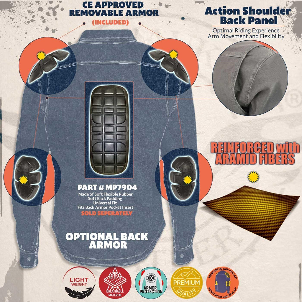Milwaukee Leather Men'S Long Sleeve Solid Biker Shirts W/Ce Armor - Reinforced W/Aramid Fibers