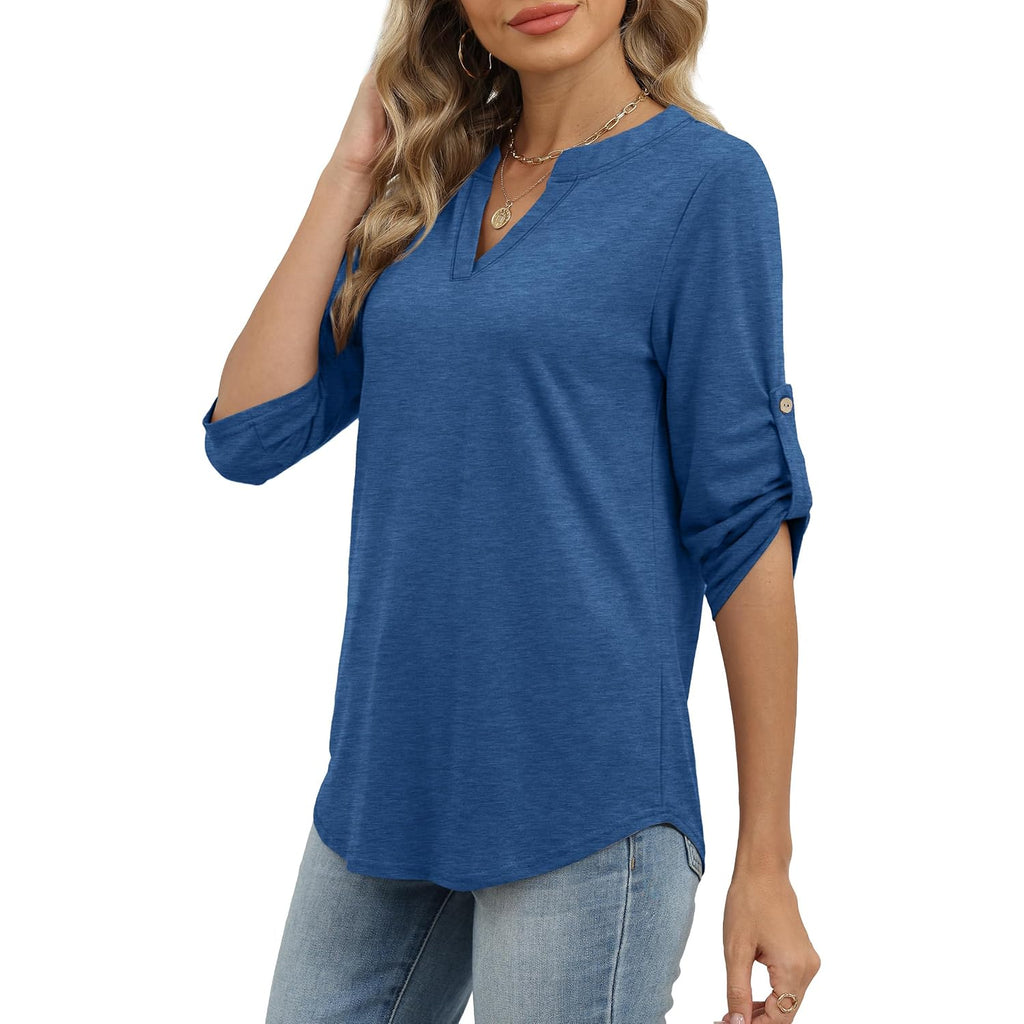 XIEERDUO 3/4 Length Sleeve Womens Tops V Neck T Shirts Both Side Buttons Blouses Business Casual Outfits Loose Fit