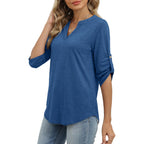 XIEERDUO 3/4 Length Sleeve Womens Tops V Neck T Shirts Both Side Buttons Blouses Business Casual Outfits Loose Fit