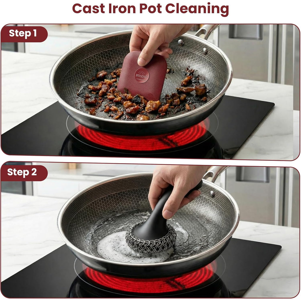 TMEDW Pan Scraper, 5 Pcs Pot Scraper, Pan Scraper Plastic, Multifunctional Scraper Tool for Kitchen, Non-Slip, Food Safe, High Heat Resistant-Red