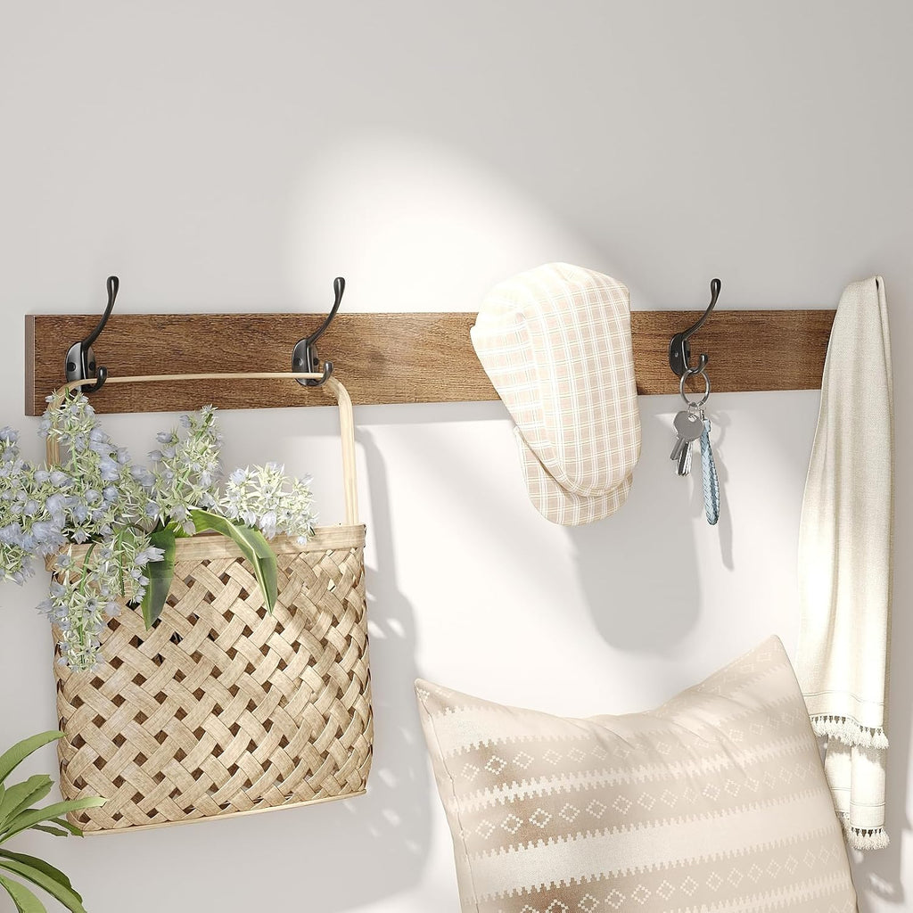 Maupvit Rattan Entryway Bench With Seat Cushion & Coat Rack, Shoe Storage Cabinet With 2 Flip Drawers, Narrow Shoe Rack, 5 Sturdy Metal Hooks, Rustic Oak Rattan