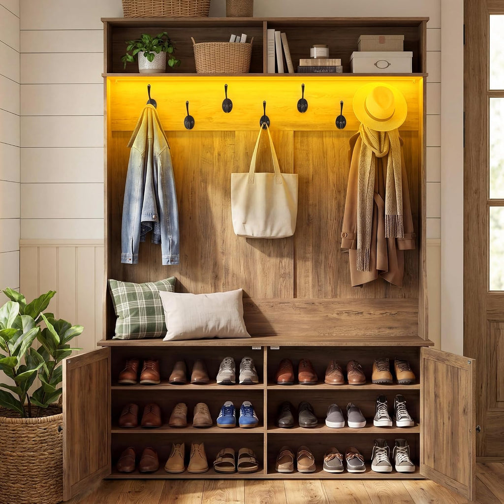 Vasagle Hall Tree With Bench And Shoe Storage, 5-In-1 Coat Rack With Shoe Bench, Adjustable Led Light, 7 Double Hooks, Farmhouse Entryway Furniture, Honey Brown Uhsr653Kb01S