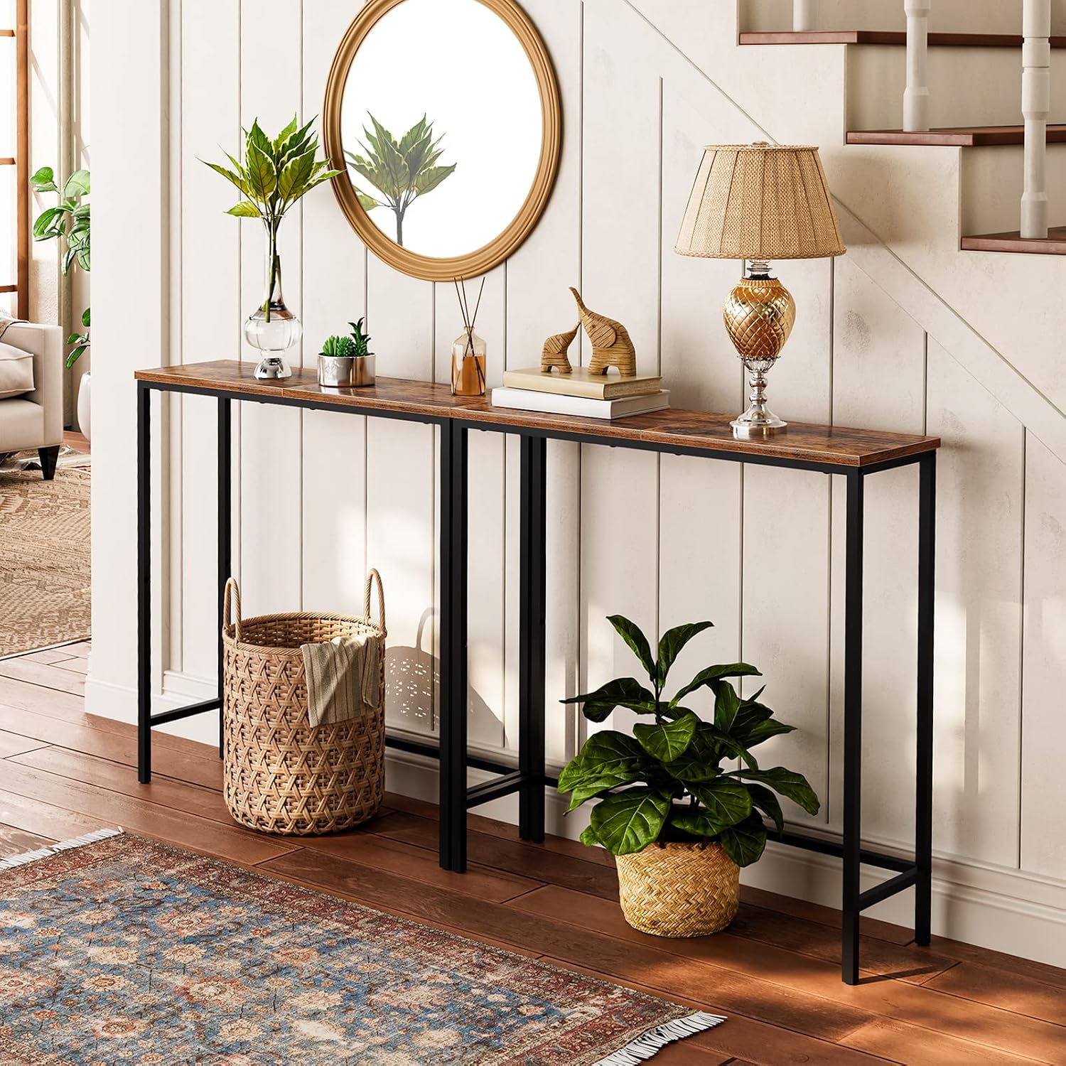 Hoobro Narrow Console Table, 29.5" Small Entryway Table, Thin Sofa Side Display Table, For Hallway, Bedroom, Living Room, Foyer, Rustic Brown And Black Bf75Xg01