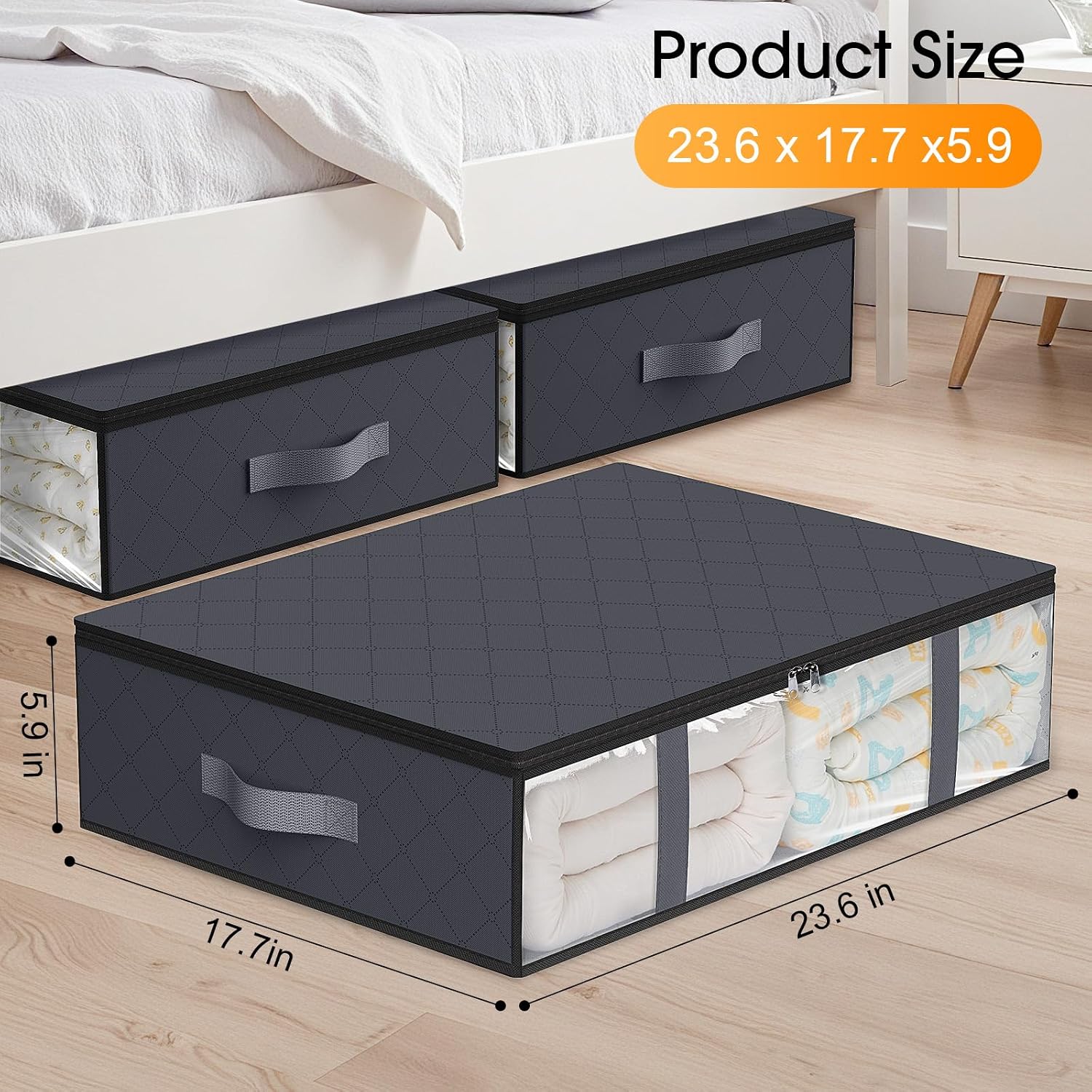 Under Bed Storage Bags 3 Pack, 40L Large Clothes & Comforter Storage Containers With Clear Window, Breathable Fabric Organizer For Blankets, Bedding, Seasonal Clothing