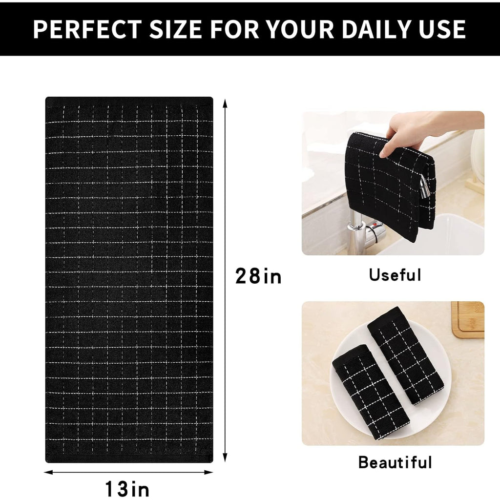 Homaxy 100% Cotton Terry Kitchen Towels(Black, 13 x 28 inches), Checkered Designed, Soft and Super Absorbent Dish Towels, 4 Pack