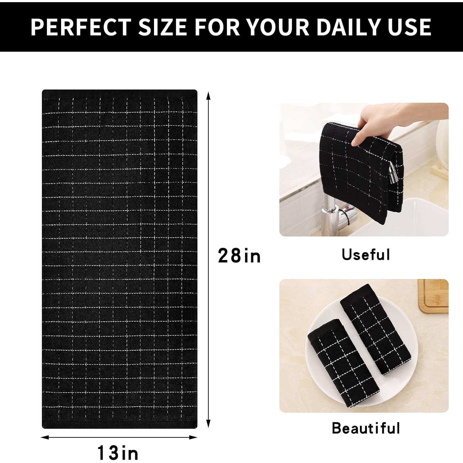 Homaxy 100% Cotton Terry Kitchen Towels(Black, 13 x 28 inches), Checkered Designed, Soft and Super Absorbent Dish Towels, 4 Pack