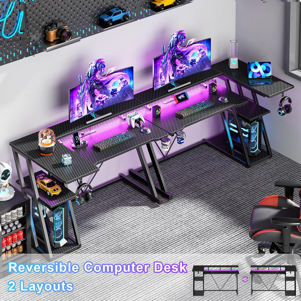 Korfile 40 Inch Gaming Desk With Power Outlet & Led Lights, L Shaped Computer Gaming Table With 3 Tiers Storage Shelves, Corner Gamer Desk With Monitor Stand For Small Space, Carbon Fiber Black