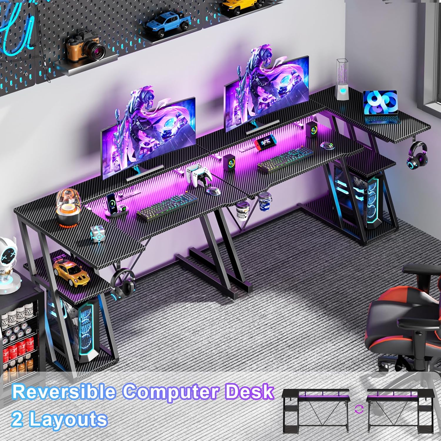 Korfile 40 Inch Gaming Desk With Power Outlet & Led Lights, L Shaped Computer Gaming Table With 3 Tiers Storage Shelves, Corner Gamer Desk With Monitor Stand For Small Space, Carbon Fiber Black