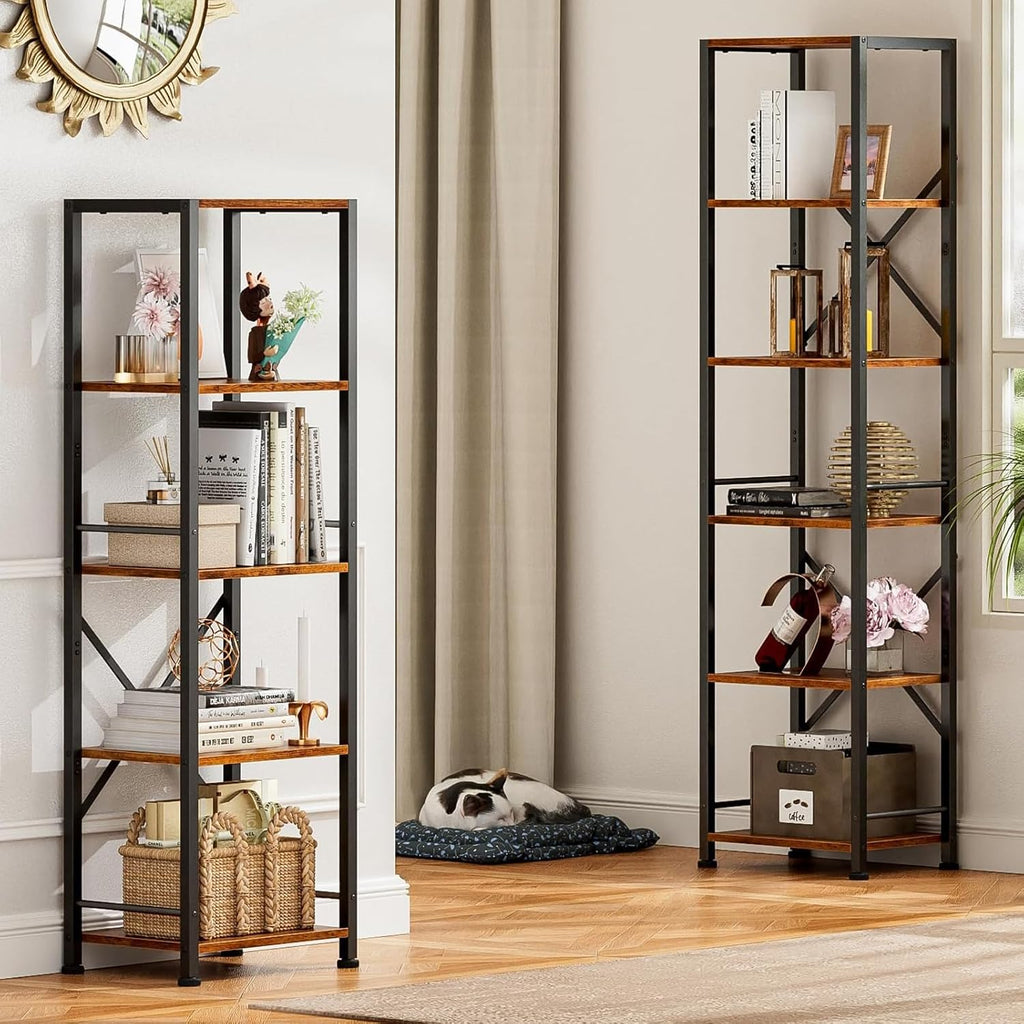 Furologee 6 Tier Tall Bookshelf, Industrial Narrow Bookcase, Display Standing Shelf Units, Metal And Wood Storage Rack Organizer For Living Room, Home Office, Entryway, Kitchen, Rustic Brown