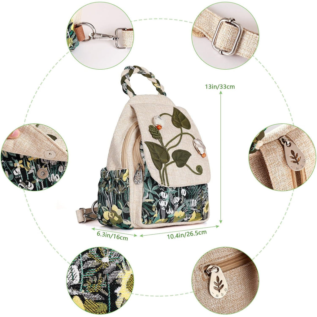 Girl's Convertible Sling Bag, Hand Craft Artisan Purse, Beautiful Canvas Premium Casual Day Mini Backpack for Women (Green Marsh)