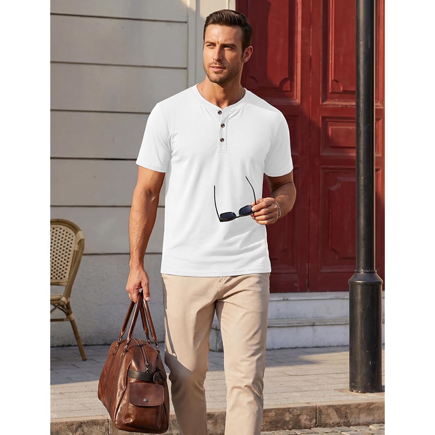 Magnivit Mens Henley Shirts Short Sleeve Cotton Casual Summer Basic T-Shirts 3 Button Solid Collarless Shirts For Work