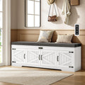 60“ Farmhouse Shoe Storage Bench With Deodorizing, Entryway Storage Bench With Cushion Seat, 4 Doors Freestanding Hidden Shoe Rack, Adjustable Shelf, For Bedroom, Living Room (White, 60In)