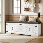 60“ Farmhouse Shoe Storage Bench With Deodorizing, Entryway Storage Bench With Cushion Seat, 4 Doors Freestanding Hidden Shoe Rack, Adjustable Shelf, For Bedroom, Living Room (White, 60In)