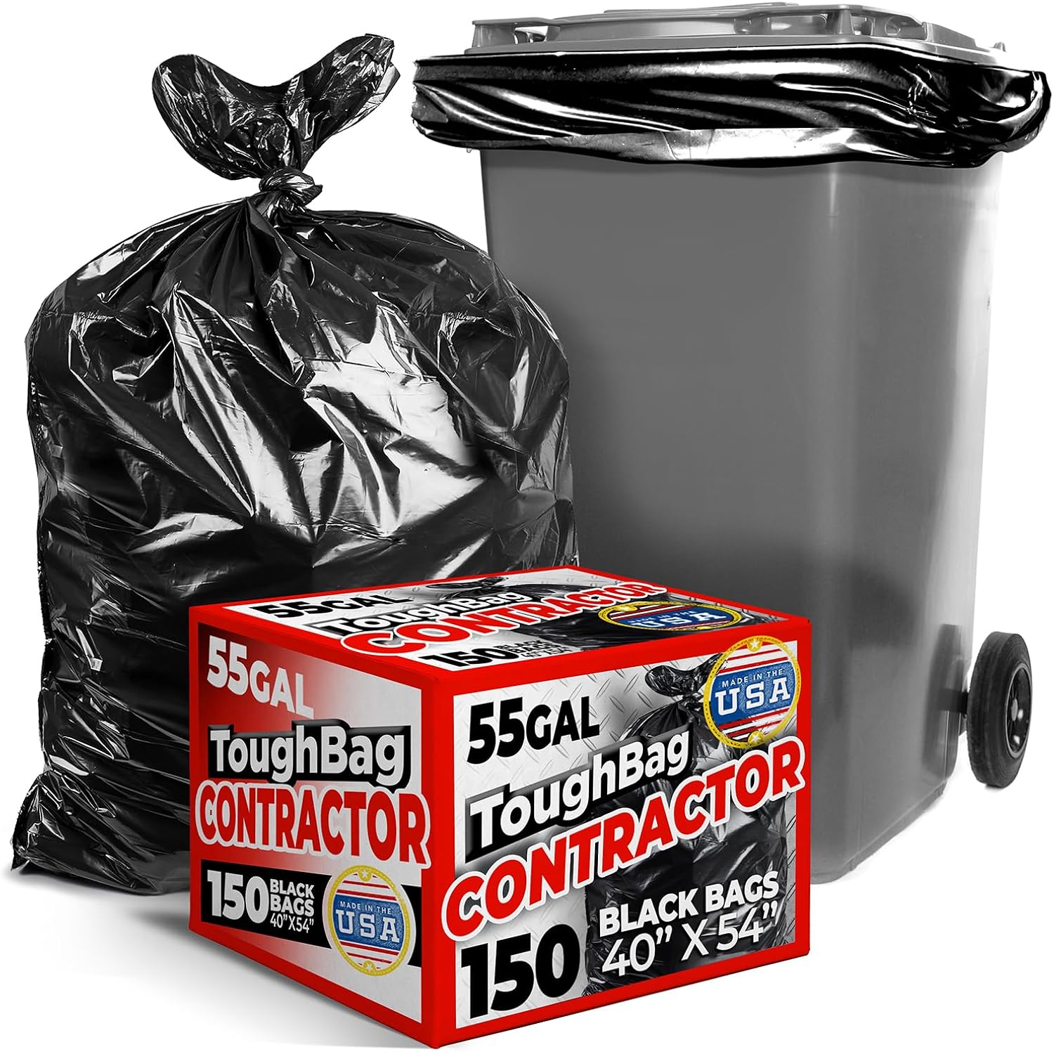 Toughbag 55-60 Gallon Heavy Duty Trash Bags, 150 Count, Black, Made In Usa