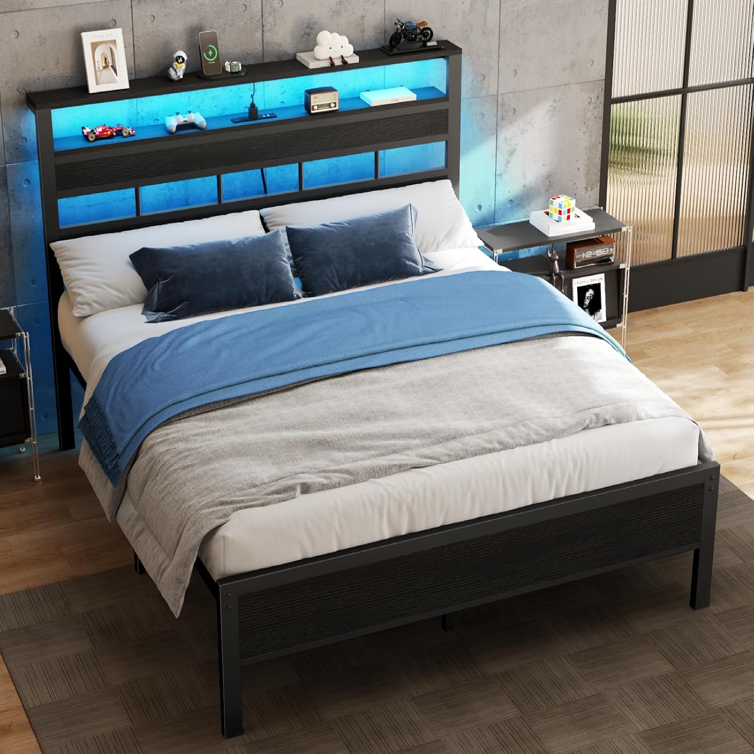 Furnulem Full Size Bed Frame with LED Light and Charging Station, Wood Storage Headboard with 2-Tier Shelves, Metal Platform Bed with Heavy Duty Slats Support, No Box Spring Needed, Black Oak