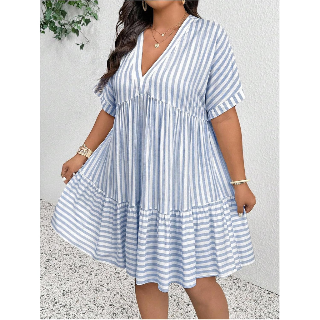 Soly Hux Women'S Plus Size Striped Ruffle Dress Summer Deep V Neck Half Sleeve Flowy Babydoll Dresses