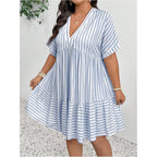 Soly Hux Women'S Plus Size Striped Ruffle Dress Summer Deep V Neck Half Sleeve Flowy Babydoll Dresses