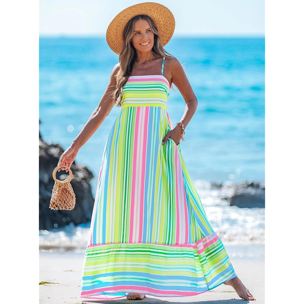 Popvil Women Summer Maxi Dress 2026 Spaghetti Strap Long Beach Dress Boho A-Line Flowy Casual Sleeveless Sun Dress